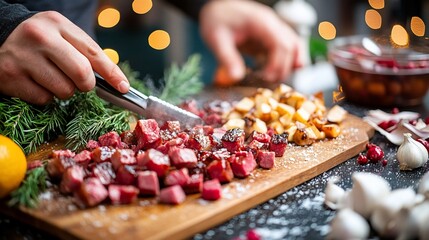 Chopped cured meat and roasted potatoes on a wooden board.  Hands cutting meat. Festive background