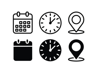 Clean silhouette vector icons set of calendar clock and location pin graphics for digital design vector illustration white background