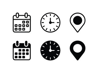 Collection of versatile vector icons representing calendar clock and location pin for diverse digital applications vector illustration white background