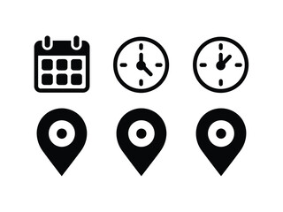 Black silhouette icons for calendar clock and map location pin scalable vector graphics eps format vector illustration white background