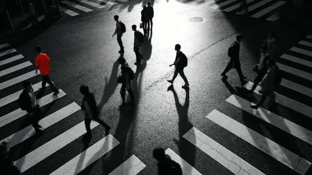 Dynamic pedestrian crossing with vibrant orange shirt accent in motion, creating a powerful urban statement on city streets with selective color