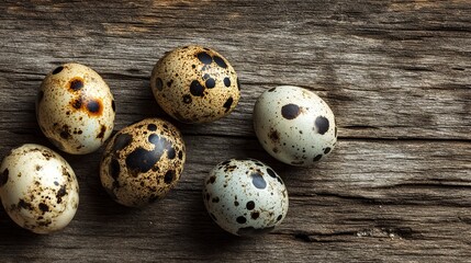Fototapeta premium Quail Eggs with Spotted Pattern on Rustic Wooden Surface