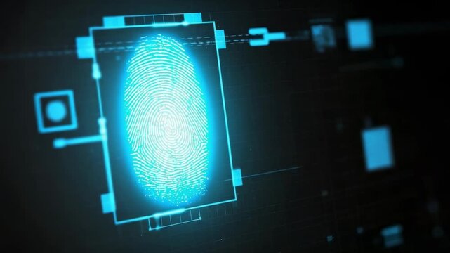 A blue biometric fingerprint scan on a digital interface, with a finger poised to touch the screen.