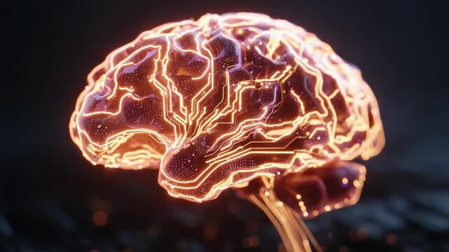 Glowing brain with neon circuitry patterns and electric orange-pink lights.