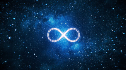 Infinity symbol glowing in deep space surrounded by stars and cosmic light, representing eternity, balance, energy, philosophy, and universal connection in the galaxy