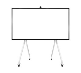 TV with wheeled stand for presentations or video conference isolated on white background