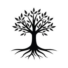 Tree with roots silhouette growth and stability concept natural strength vector with white background
