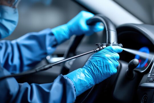Expert technician sanitizing car interior using advanced disinfectant spray ensuring thorough cleaning and hygiene for vehicle safety and customer peace of mind in a modern urban setting
