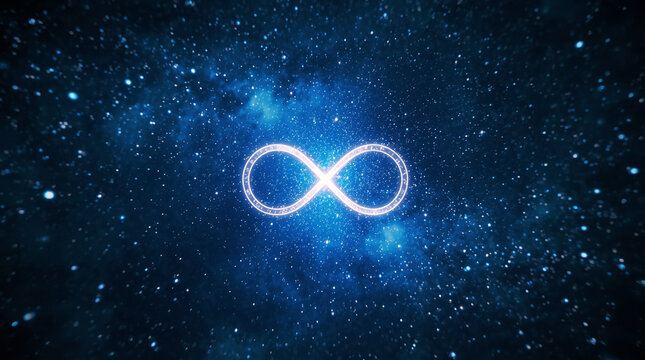 Infinity symbol glowing in deep space surrounded by stars and cosmic light, representing eternity, balance, energy, philosophy, and universal connection in the galaxy - Powered by Adobe