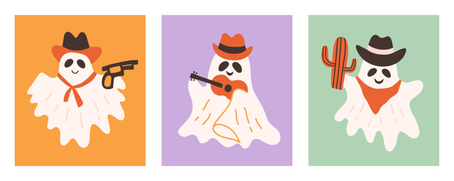 Cute Cowboy Ghost Cartoon Halloween Set - Powered by Adobe
