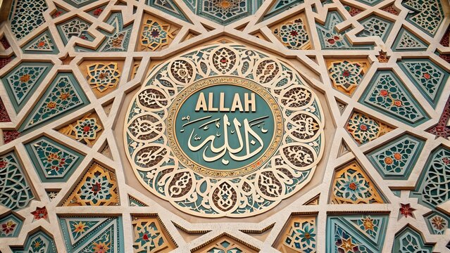 Ornate islamic art with allah inscription and geometric patterns in light colors