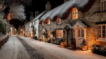 A beautiful row of historic thatched roof cottages in the snow