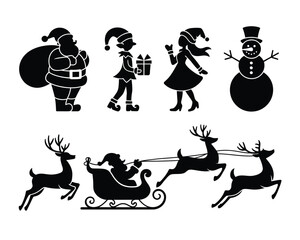 Collection of bold black silhouette christmas characters and santa's sleigh vector illustration elements for festive designs vector illustration white background