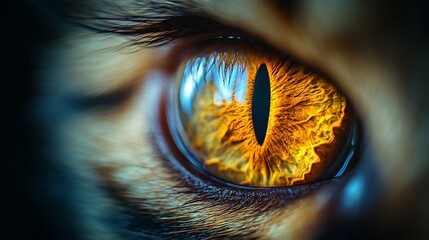 Close-up of cat eye with striking orange iris and narrow pupil in detail