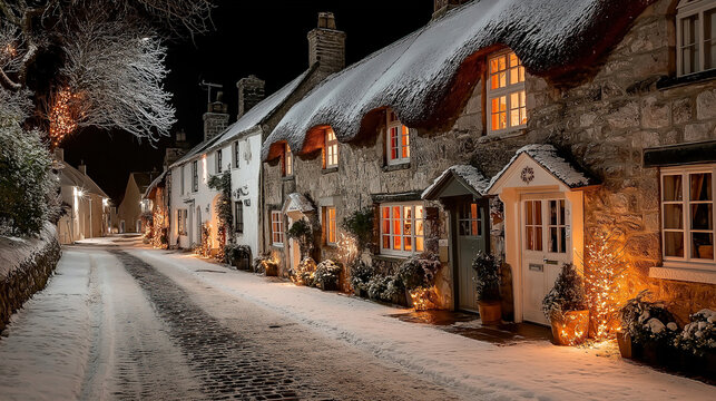 A beautiful row of historic thatched roof cottages in the snow