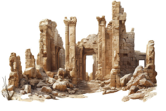 Ancient Stone Ruins With Columns And Archways. Historical Architecture And Archaeological Significance Isolated On Transparent Background