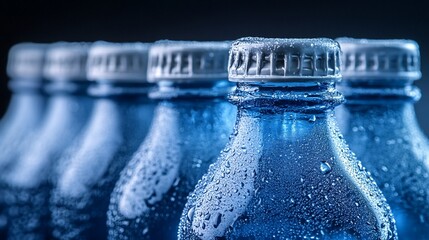 Close-up of chilled blue bottles