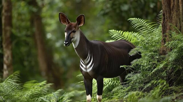 An Okapi stands amidst lush green foliage in a dense verdant forest