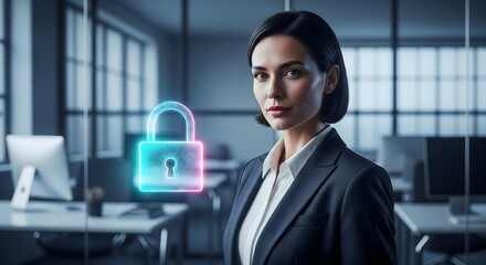 A professional businesswoman stands by a glowing digital padlock icon, symbolizing advanced cybersecurity and data protection in a modern corporate office