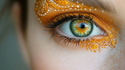 Close-up of eye with golden ornate makeup; green iris and long lashes