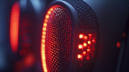 Close-up of gaming headset microphone with illuminated red indicator lights