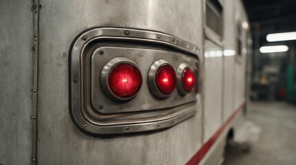 Vintage Trailer Cabin with Retro Red Lights in Automotive Workshop Environment for Nostalgic Appreciation and Retro Enthusiasts