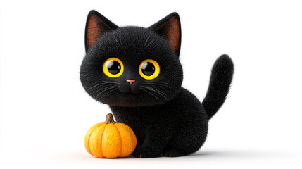 Cute black cat with big yellow eyes sitting beside a small orange pumpkin, evoking a charming Halloween or autumn theme.