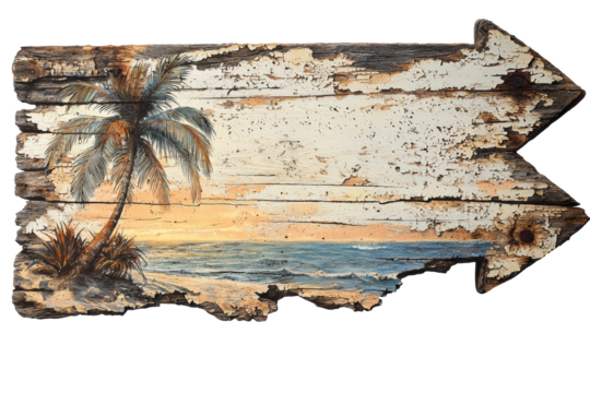 Rustic Beach Arrow Sign With Palm Tree And Ocean Scene. Vintage Coastal Decor For Tropical Ambiance Isolated On Transparent Background - Powered by Adobe