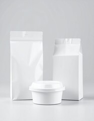 Blank food packaging mockups on a white table.

