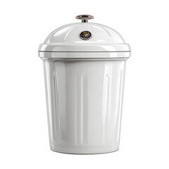 光沢のある白いレトロモダンなデザインの蓋付きゴミ箱、単体で配置 | Shiny white retro modern design lidded trash can, isolated object