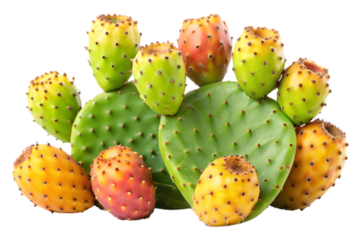 A vibrant collection of prickly pear cactus fruits and pads isolated on transparent background