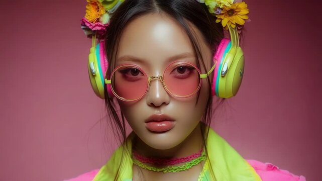 A person wearing bright neon fashion: pink sunglasses, yellow-green headphones, flower crown, neon scarf, pink background.
