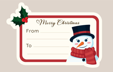 Vector design of a Christmas card with a picture of a snowman and a holly ornament