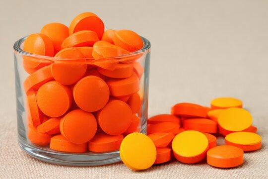 Orange dietary supplement tablets arranged in a glass container capturing wellness trends and nutritional dynamics in a visually appealing and health-conscious design