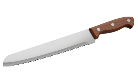 A serrated bread knife with a wooden handle isolated on transparent background