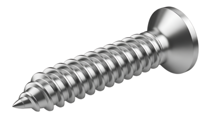 A single metallic wood screw with a pointed tip and a flat countersunk head isolated on transparent background