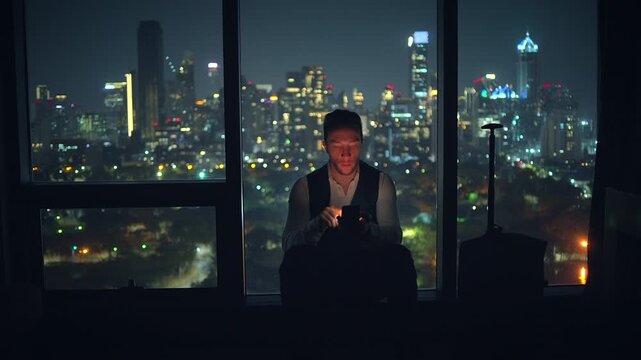 A contemplative figure stands thoughtfully against a vibrant night cityscape filled with lights
