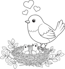 Cute bird family nest coloring page for kids sweet hearts spring theme