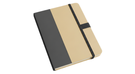 A closed beige and dark gray notebook with a black elastic band isolated on transparent background