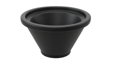 A dark gray conical shaped planter pot with a wide rim isolated on transparent background