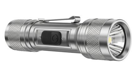 Detailed metallic flashlight with textured grip and bright led light isolated on transparent background