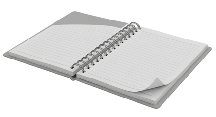 Open blank spiral bound notebook with clean white pages and silver metal binding isolated on transparent background