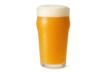 Refreshing cold beer in a pint glass with foam head, drops, and condensation on transparent background