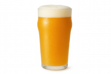 Refreshing cold beer in a pint glass with foam head, drops, and condensation on transparent background