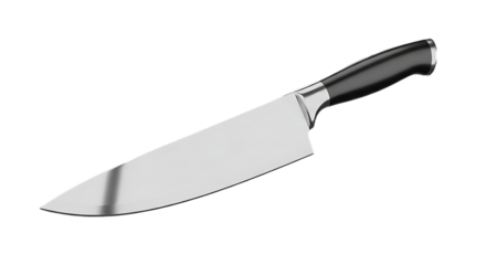 A gleaming stainless steel chef s knife with a black handle isolated on transparent background