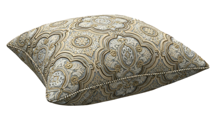 Ornate damask patterned throw pillow with detailed embroidery isolated on transparent background