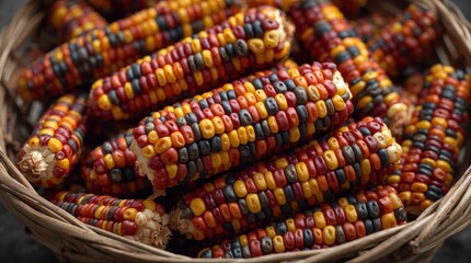 Colorful Indian corn in a wicker basket captures autumn harvest and Thanksgiving mood