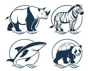 Illustration of a rhino, zebra, dolphin, and panda