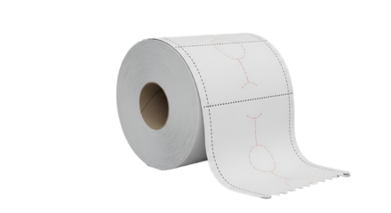 A single roll of white toilet paper with a torn edge isolated on transparent background