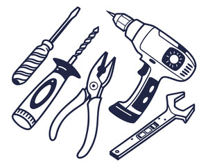 Hand tools, including pliers, drill, and screwdriver